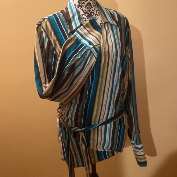 🌺 Ashley Stewart stripped wrap multicolor tie, front blouse, shirt, top size 18 - Picture 4 of 7